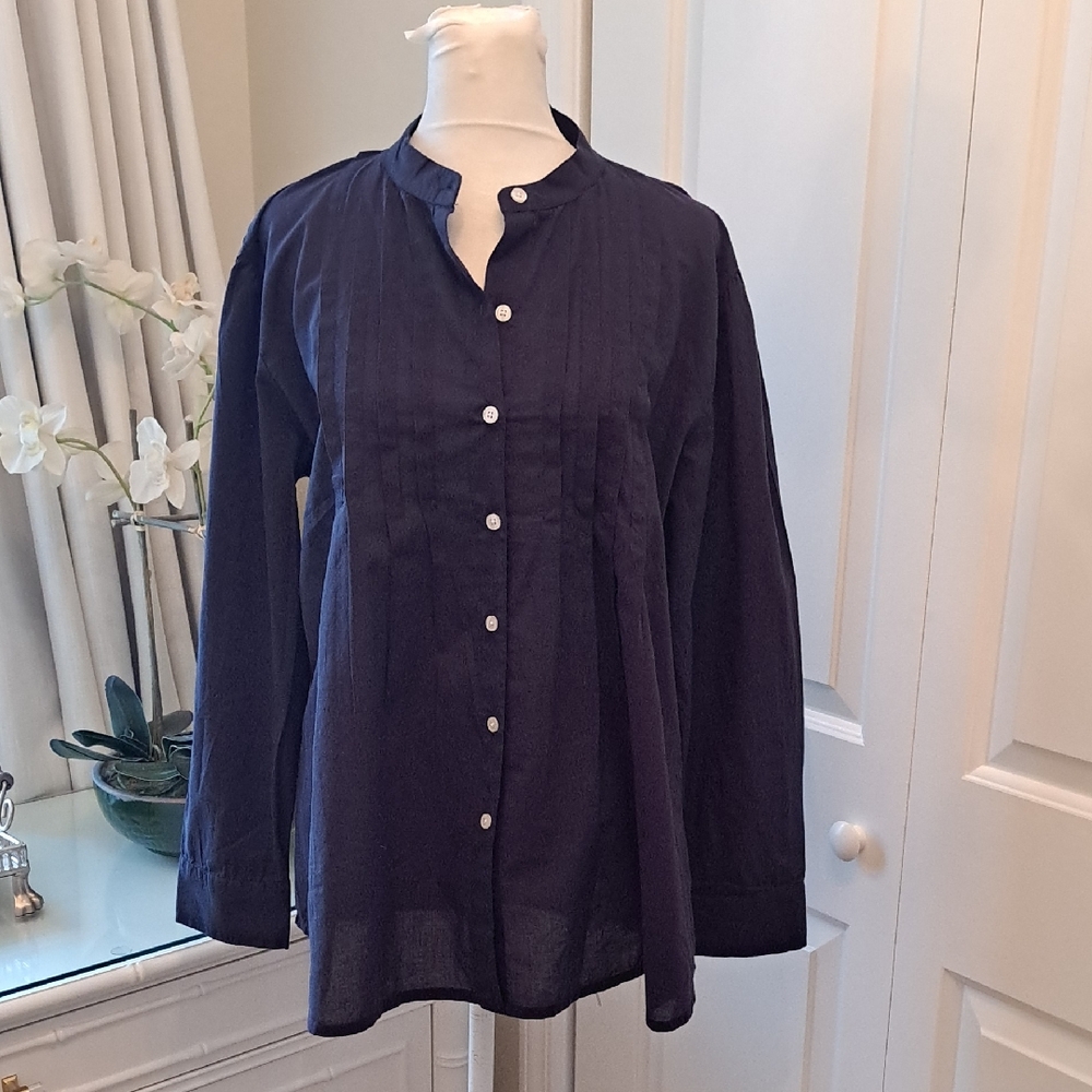 NWT Madison Mathews Womens Lightweight Summer Navy Button Down Tunic Blouse M